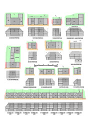 Simplified reconstruction plans and long sections of Battle's known surviving medieval houses - Click to view as a PDF